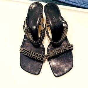 Ladies, black and silver 2 inch heel dress sandal